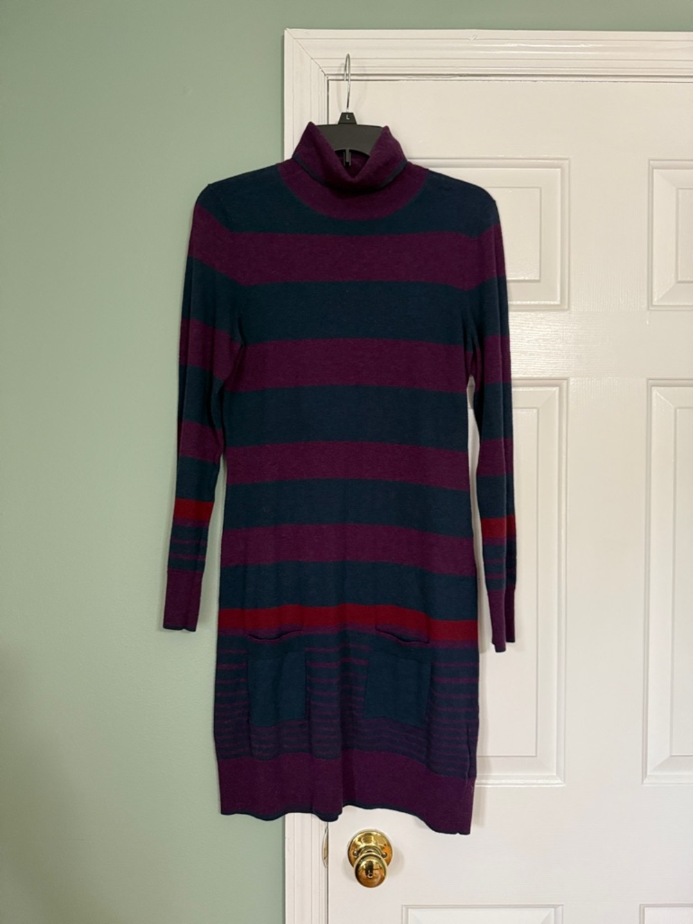 Brooks Brothers Navy, Plum and Red Striped Turtleneck Sweater Dress